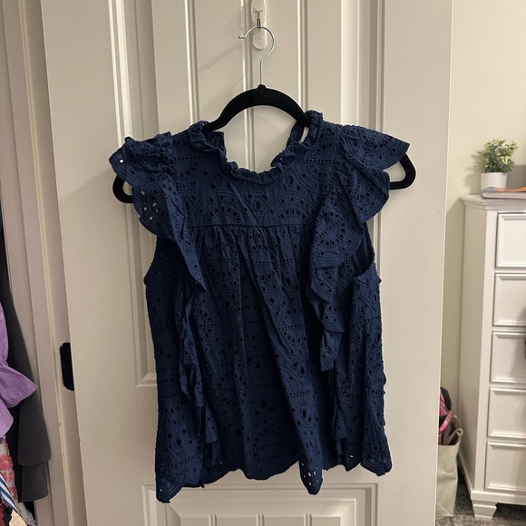 Chic Navy Blue Eyelet Blouse - Picture 1 of 4